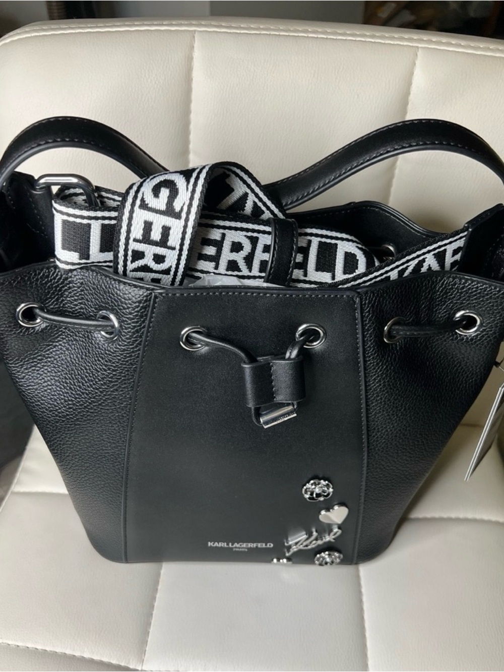 Karl Lagerfeld Black Leather Logo-Strip Shoulder Bucket Bag
